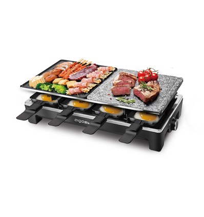 Raclette grill og BBQ 1500W - Sten / Aluminiumsplade, 8-Person