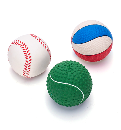 Latex Legetøj - Grøn Tennis / Hvid Tennis / Trifarvet Basketball - Ø8 cm / Ø6,5 cm / Ø7 cm - Grøn / Hvid / Blå