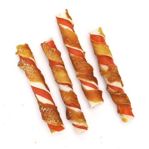 Tofarvede Kyllingeindpakkede Sticks - Hvid/Rød/Orange, L 12,5 cm, 120g