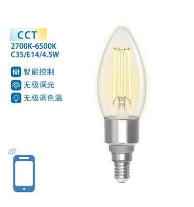 Smart LED Filament pære C35 - E14 4.5W CCT/Klar - WB