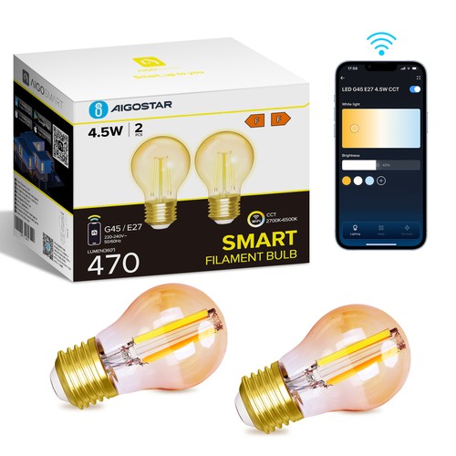 Smart LED Filament pære G45 - E27 4.5W CCT/Amber - Dobbelt Pakke