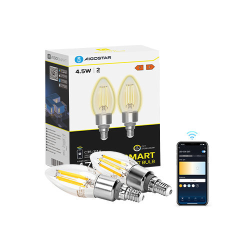 Smart LED Filament pære C35 - E14 4,5W CCT/Klar, Dobbelt-Pakke