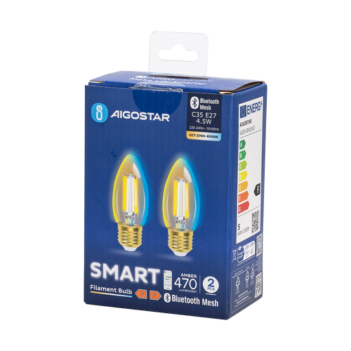Bluetooth Mesh Smart Filament pære C35 E27 4.5W - CCT Amber med Fjernbetjening - Dobbelt Pakke