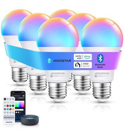 Bluetooth Mesh Smart LED Pære A60 E27 12W RGB+CCT m/Fjernbetjening - 6 stk.