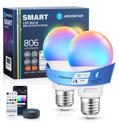 Bluetooth Mesh Smart LED-Pære A60 E27 9W RGB+CCT med Fjernbetjening - 2 stk.