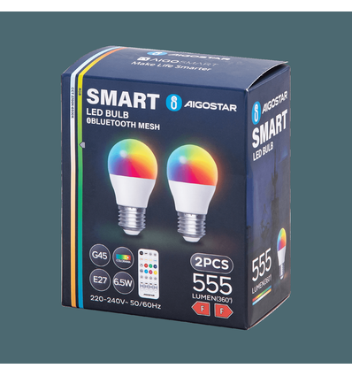 Bluetooth Mesh Smart LED Pære G45 E27 6.5W RGB+CCT - Fjernbetjening - 2 stk.