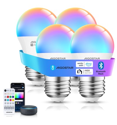 Bluetooth Mesh Smart LED-Pære G45 E27 6.5W RGB+CCT med Fjernbetjening - 4 stk