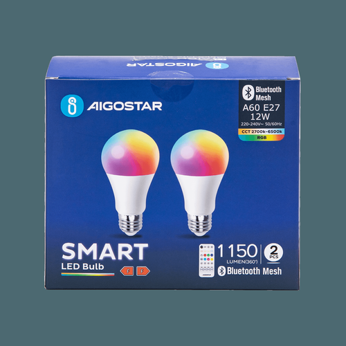 Bluetooth Mesh Smart LED Pære A60 E27 12W RGB+CCT | Fjernbetjening | 2 Stk