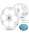 LED Natlys med PIR Sensor - Rund, 0,5W, 6500K - USB-opladning & Magnetisk Absorption - TÆND/SLUK, 4 stk.