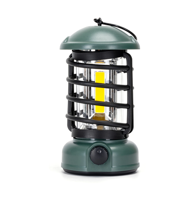 Outlet: Grøn LED Campinglampe med Dæmpbar Roterbar Krog - Plast, Bruger 3xAA Batterier