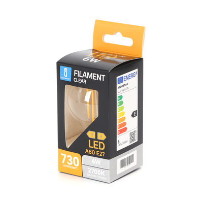 LED Filament pære A60 E27 - 6W 2700K Klar - Kulør : Varm