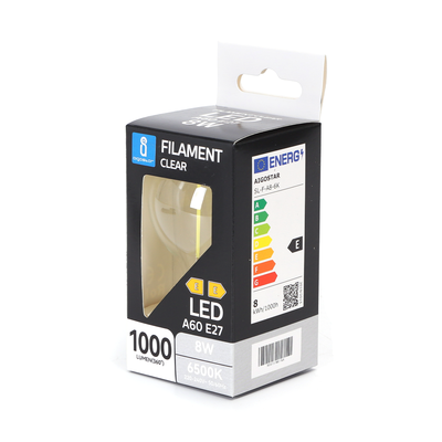 LED Filament pære A60, E27 - 8W, 6500K, Klar - Kulør : Kold