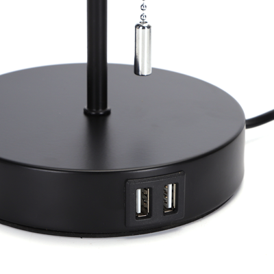 Billede af Metallampe E27 med Grå Lampeskærm og Sort Fod inkl. 2 USB-Opladningsstik