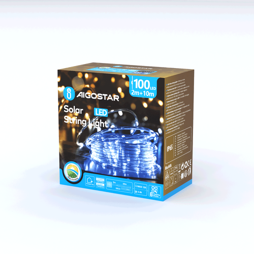 Solcelle Lyskæde - kæde Ø5mm - Kold Hvid, 2+10m, 100 LED, Gennemsigtig, 8 Blinkfunktioner, IP65