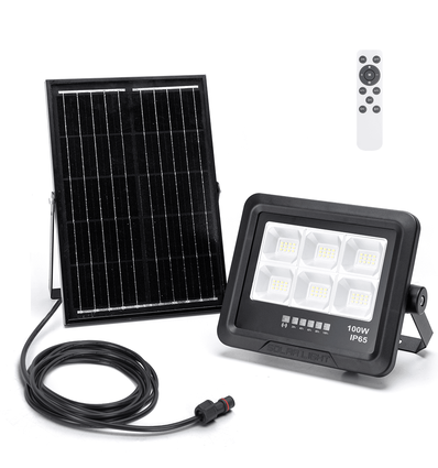 LED projektør med Solpanel - Delt, 100W, 1000lm, 6500K, 2m Ledning, Model 06