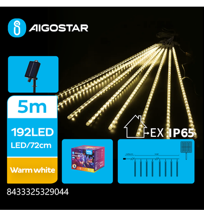 Solcelle Lyskæde Meteorregn - Varm Hvid 192LED, 30cm, 3M+5M, 8 Strenge, Grøn/Sort Ledning, 8 Blinkfunktioner, IP65