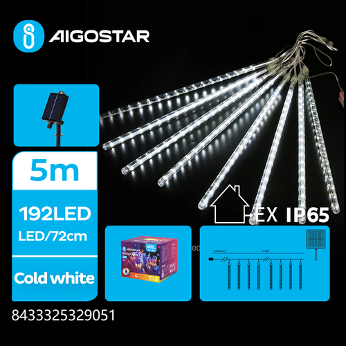 Sol Meteorregn Lyskæde, 192 LED, Kold Hvid, 30 cm, 3M+5M, 8 Snore, Grønt Sort Ledning, 8 Blinkfunktioner, IP65