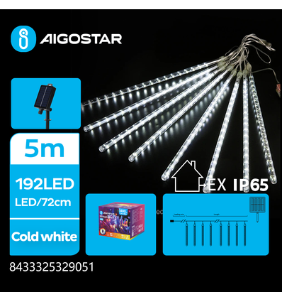 Solcelle Lyskæde Meteorregn, 192 LED, Kold Hvid, 30 cm, 3M+5M, 8 Snore, Grønt Sort Ledning, 8 Blinkfunktioner, IP65