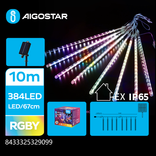 Solcelle Lyskæde Meteorregn RGBY 30 cm, 3+10 m, 384 LED, 16 Streng, Grøn/Sort Ledning, 8 Blinkfunktioner, IP65