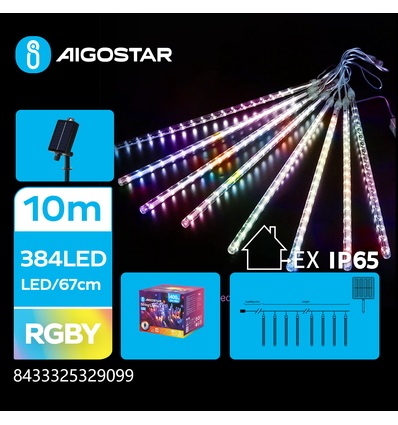 Solcelle Lyskæde Meteorregn RGBY 30 cm, 3+10 m, 384 LED, 16 Streng, Grøn/Sort Ledning, 8 Blinkfunktioner, IP65