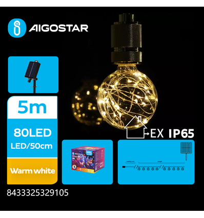 Solcelle Lyskæde - Warm White-1.5M+5M-80LED-10Bulbs-50cm-black line-8blink IP65