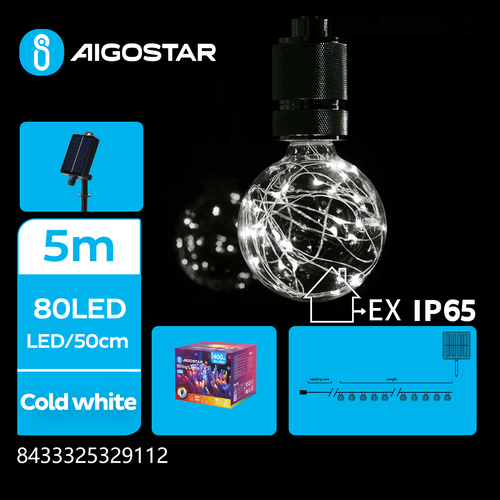 Solcelle Lyskæde G50 Kobberledning, Kold Hvid, 1.5m+5m, 80 LED, 10 Pærer, 50cm, Sort Ledning, 8 Blinkfunktioner, IP65