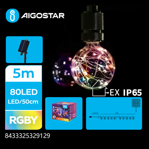 Solcelle G50 Kobbertråd Pære Guirlande | RGBY | 1,5m + 5m | 80 LED | 10 Pærer | 50cm | Sort Ledning | 8 Blinkende Modes | IP65