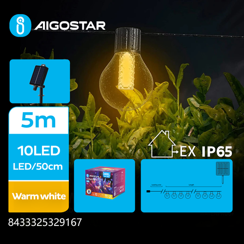 Solar G50 Boblekolonne Kuglekædelys - Varm Hvid, 1,5M+5M, 10 LED, 50cm/LED, Sort Ledning, 8 Blinkende Indstillinger, IP65