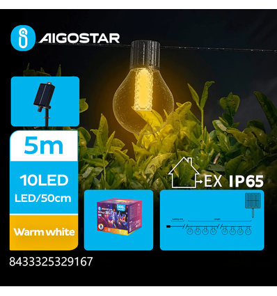 Solar G50 Boblekolonne Kuglekædelys - Varm Hvid, 1,5M+5M, 10 LED, 50cm/LED, Sort Ledning, 8 Blinkende Indstillinger, IP65