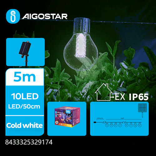 Solcelle Lyskæde G50 , Kold Hvid, 10 LED, 1.5m+5m, Sort Ledning, 50cm/LED, 8 Blinkfunktioner, IP65