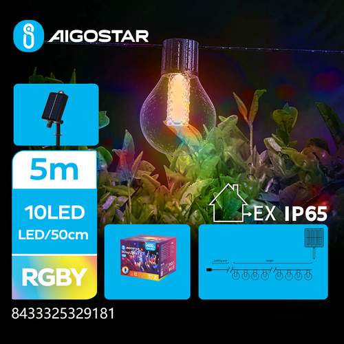 Solcelle G50 Boblekolonne Kuglekædelamper RGBY 1,5M+5M 10LED 50cm/LED Grøn/Sort 8 Blinkfunktioner IP65