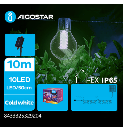 Solcelle Lyskæde G50, Kold Hvid, 1.5M+10M, 20 LED, 50cm/LED, Sort Ledning, 8 Blinkindstillinger, IP65