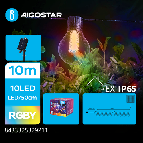 Solcelle Lyskæde G50, RGBY, 1,5M+10M, 20 LED, 50cm/LED, Sort Ledning, 8 Blinkfunktioner, IP65