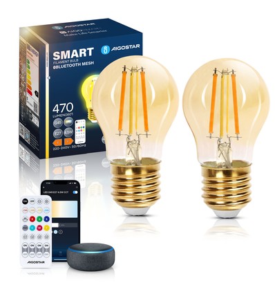 Bluetooth Mesh Smart Filament pære G45 - E27 4,5W CCT ravfarvet - Dobbelt pakke med fjernbetjening