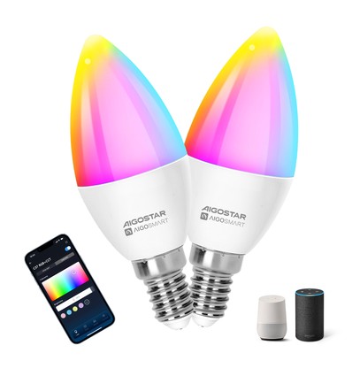 Smart LED-pære C37 E14 6,5W Bluetooth Mesh - RGB+CCT med Fjernbetjening - Pakke med 2