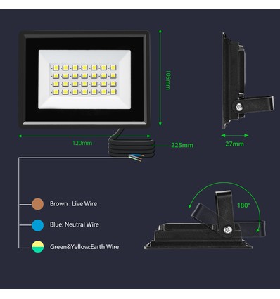 LED Projektør - 05 - Glasdæksel - Sort - 20W - 6500K - 22,5CM