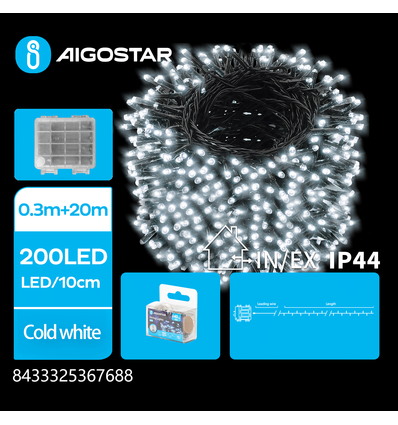 4AA Batteri Flade Lyskæder-Køligt Hvidt-0,3M+20M-200LED-10CM/LED-transparent ledning-8 blink+tidsstyring+IP44