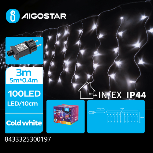 5m kold hvid LED lyskæde - 100 LED, 5x0,4m, 25 rækker, 8 lysspil, IP44, transparent ledning