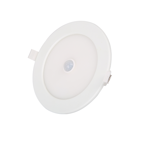 LED Downlight Slim, PIR Bevægelsessensor 360° - Indbygning Rund 12W, Klar/Kold Hvid 6000K, Mat Hvid, Ø170mm