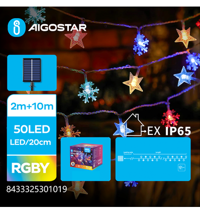 Solstjerne Snefnug Lyskæde RGBY, 2M+10M, 50 LED, 20cm/LED, Grønt & Sort Ledning, 8 Blinkfunktioner, IP65