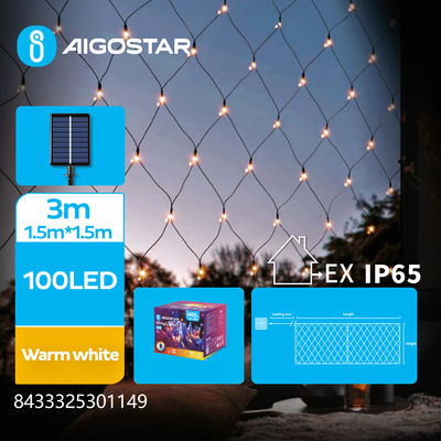 Se Solcelle Netlys - 3M+1,5M*1,5M, 100 LED, Varm Hvid, Grøn/Sort Ledning, 8 Blinkende Indstillinger, IP65 hos Aigostar.dk