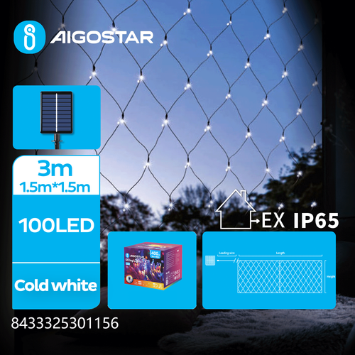 Solcelle Netlys 3M + 1.5M x 1.5M- Kold Hvid, 100 LED, Grøn Sort Ledning, 8 Blink, IP65