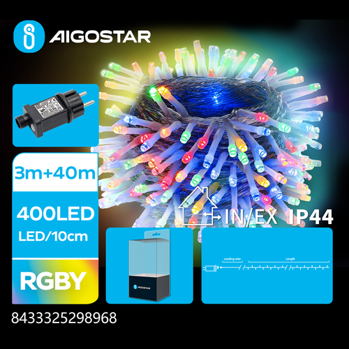 LED lyskæde, RGBY, 3M + 40M, 400 LED - 10 cm/LED Gennemsigtig Ledning - 8 Blinkfunktioner + Tidsindstilling - IP44