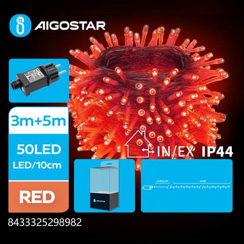 LED lyskæde, Rød, 3M + 5M, 50 LED - 10cm/LED, Transparent Ledning, 8 Blinkende Indstillinger, Timer, IP44