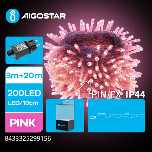 LED lyskæde, Pink, 3m+20m, 200LED - 10cm/LED - Gennemsigtig Ledning - 8 Blinkfunktioner+Timer+IP44
