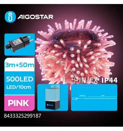 LED Lyskæde, Pink, 3M+50M - 500LED 10CM/LED Transparent Ledning 8 Blinkfunktioner + Timer + IP44