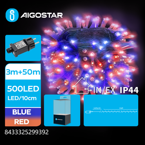LED lyskæde, 3+50M, 500LED, Rød/Blå - Gennemsigtig Ledning, 10cm/LED, 8 Blinkfunktioner+Timer, IP44