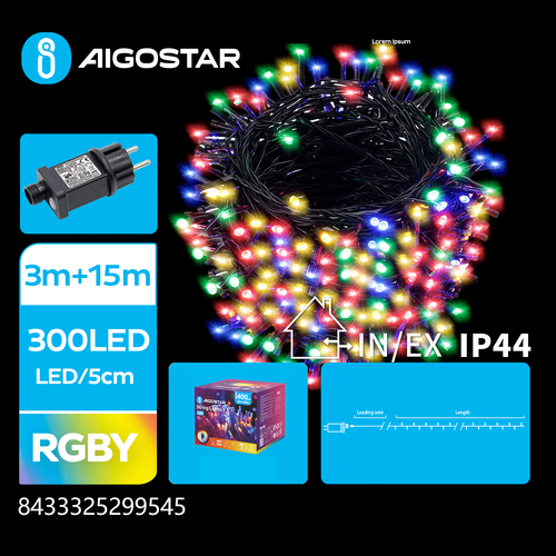 LED lyskæde, RGBY, 3M+15M 300LED - 5cm/LED Grøn/Sort Ledning 8-Blink Funktion Timer IP44