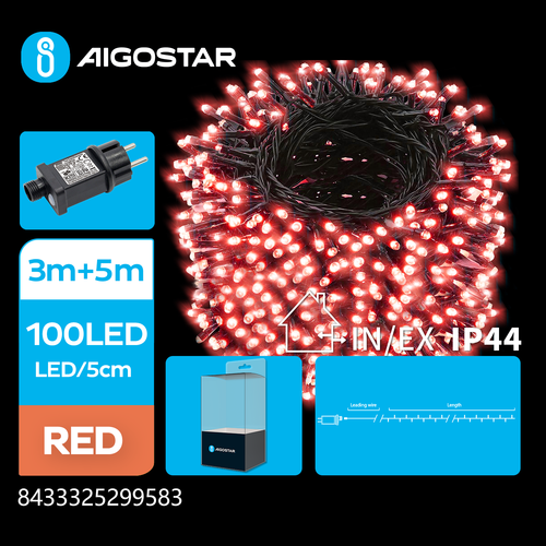 LED lyskæde, Rød, 3M+5M, 100 LED - 5cm/LED med Grøn Sort Ledning - 8 Blink + Tidsindstilling, IP44