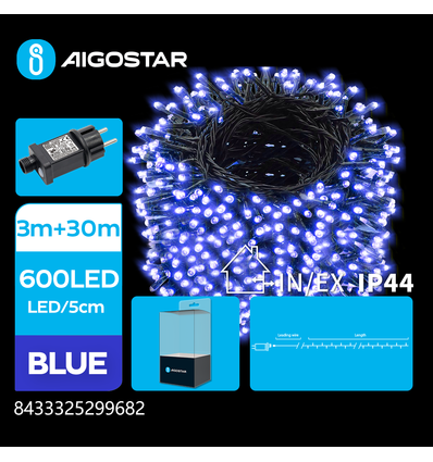 LED lyskæde, Blå, 3M+30M, 600 LED - 5cm/LED, Grøn/Sort Ledning, 8 Blinkfunktioner, Timer, IP44